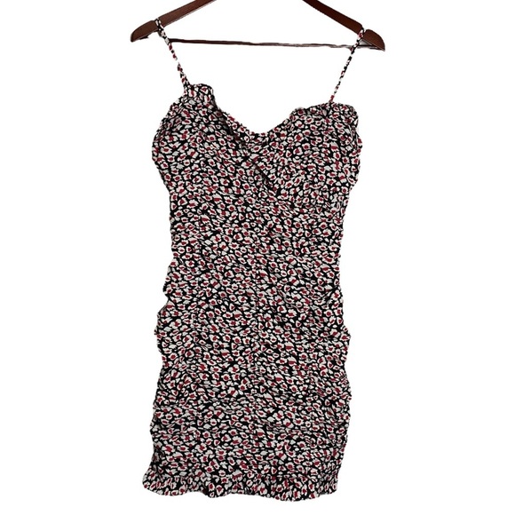 Lush Red Black White Liberty Floral Mini Ruched Dress Smocked Back Small - Picture 1 of 16